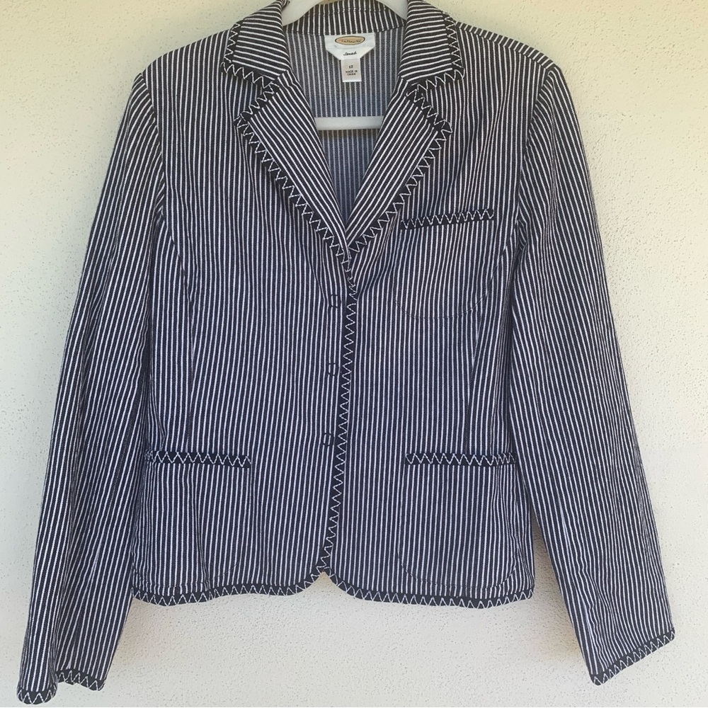 Talbots navy and white stripped jacket/blazer. With accent stitch trim.